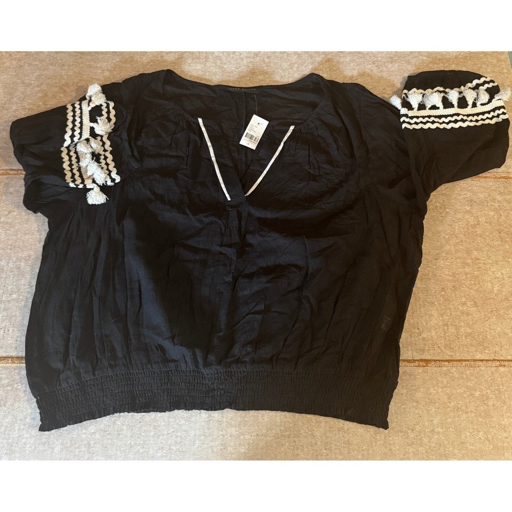 Lane Bryant Black Embroidered Tassel Blouse Size 20 V Neck NWT Boho Fringe - Picture 9 of 9